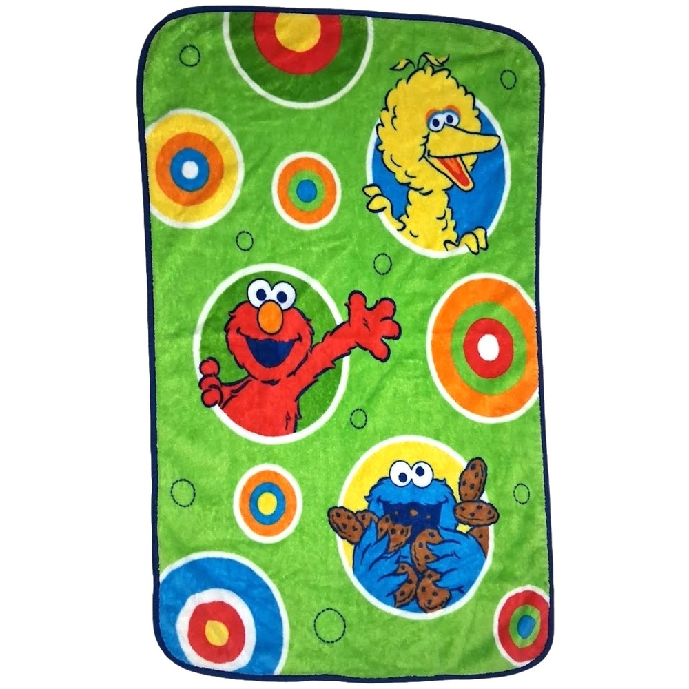 Sesame Street Green Baby Blanket Big Bird Elmo‎ Circles Cookie Monster Fleece